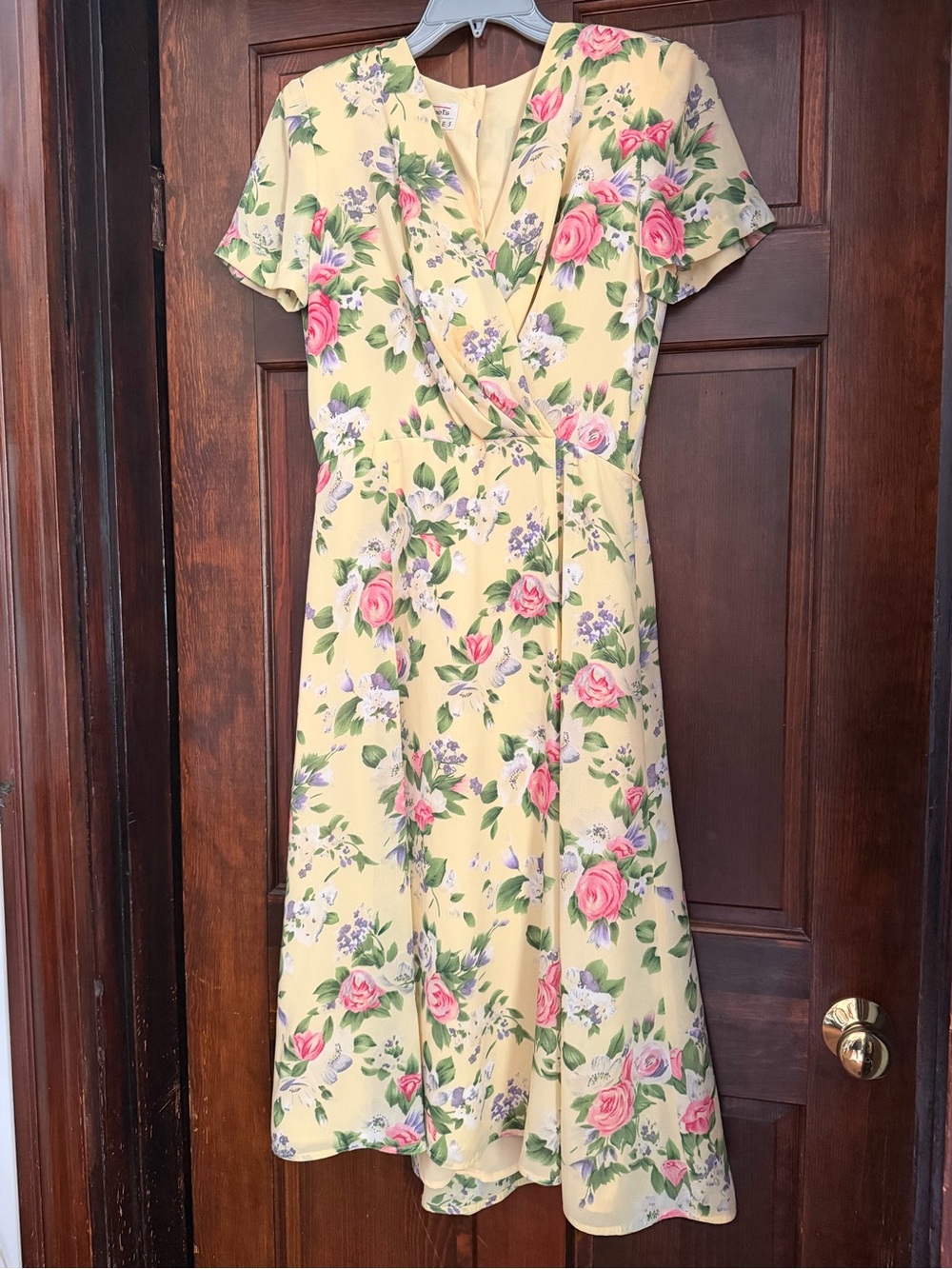 VTG Talbots Petite Pale Yellow Floral Midi Length Wrap Dress Shoulder Pad Size 8